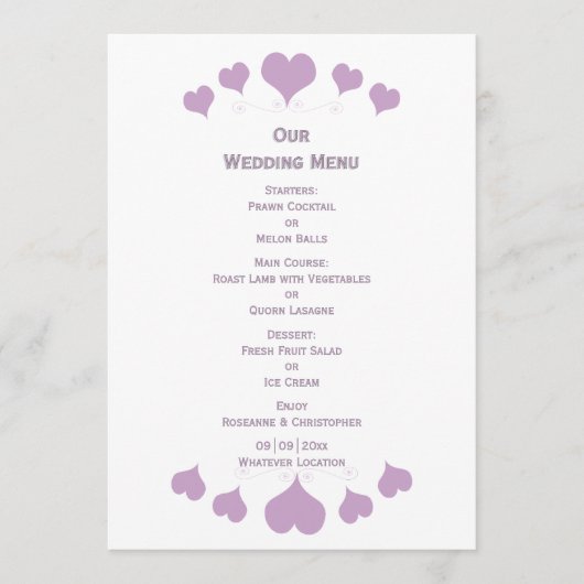 Lilac Hearts Design Wedding Menükarte (Vorderseite)