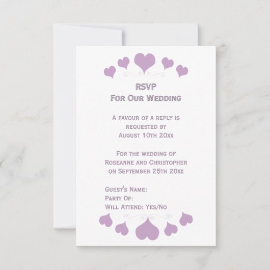 Lilac Hearts Design Wedding RSVP Karte (Vorderseite)
