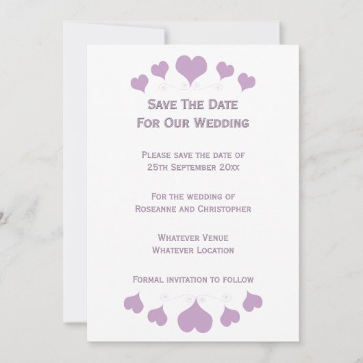 Lilac Hearts Design Wedding Save The Date (Vorderseite)