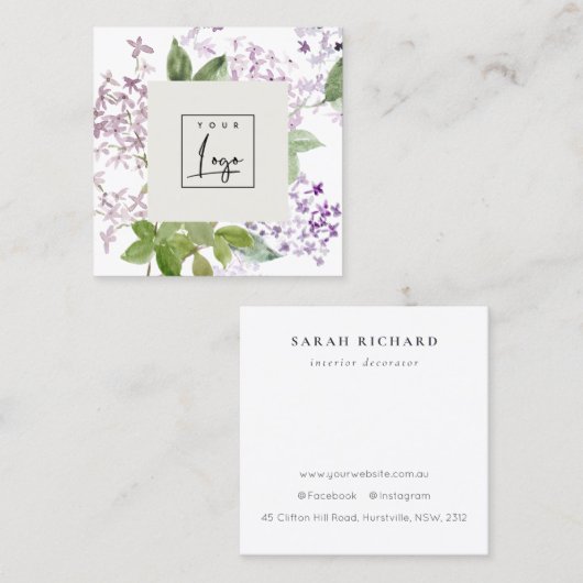 Lilac Hütte Garden Wasserfarbe Blumenstempel Logo Quadratische Visitenkarte (Vorne/Hinten)