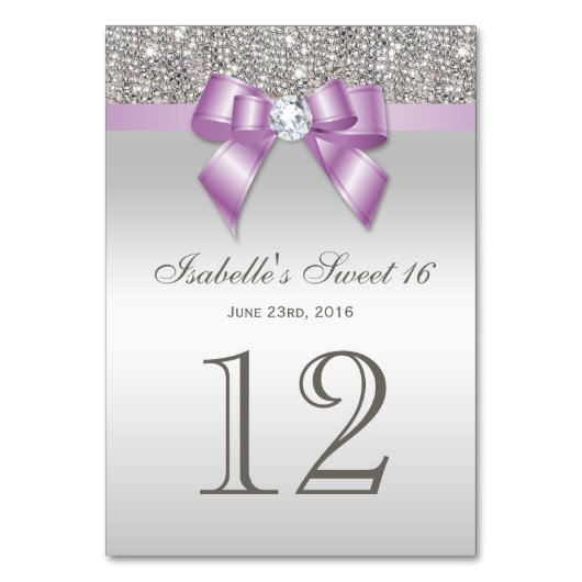 Lilac Imitats Bow Silver Sequins Sweet 16 Tischnummer (Rückseite)