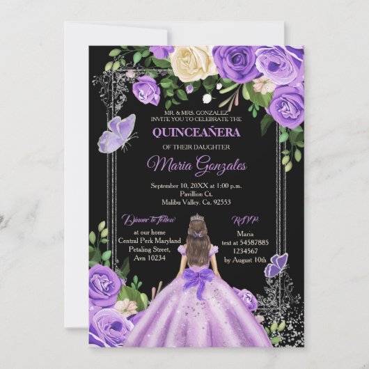 Lilac Lavendel lila Silberfarben Quinceanera Einladung (Vorderseite)