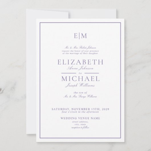 Lilac Lavender Classic Script Monogram Wedding Einladung (Vorderseite)
