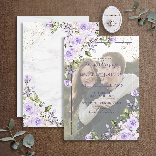 Lilac Lavender Floral Vellum Overlay Foto Wedding Einladung