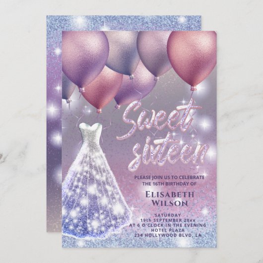 Lilac Lavender funkelnd glitschig Kleiderballon Einladung (Vorne/Hinten)