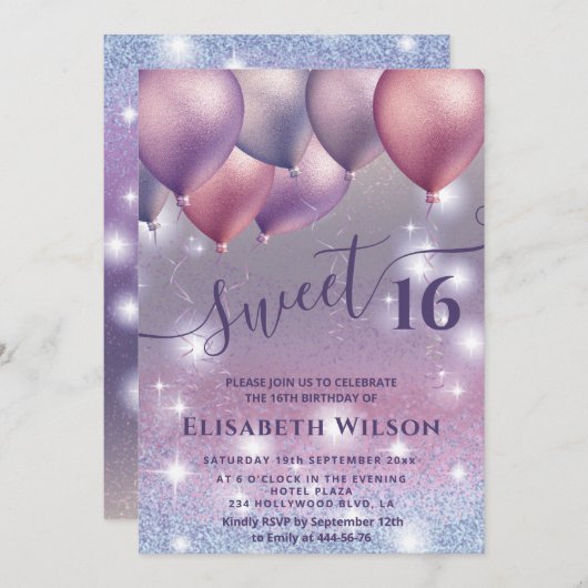 Lilac lavender funkelnd glittery ombre ballon einladung (Vorne/Hinten)