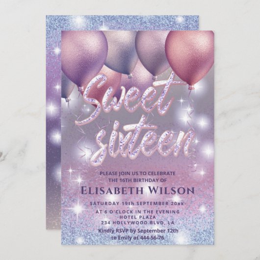 Lilac lavender funkelnd glittery ombre ballon in einladung (Vorne/Hinten)