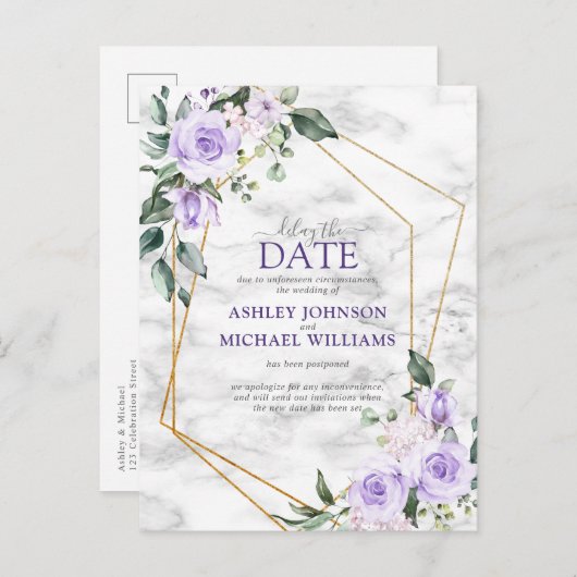 Lilac Lavender Gold Geometric Delay Das Datum Ankündigungspostkarte (Vorne/Hinten)