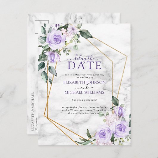Lilac Lavender Gold Geometric Delay Das Datum Ankündigungspostkarte (Vorne/Hinten)