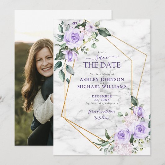 Lilac Lavender Gold Geometric Foto Save the Date (Vorne/Hinten)