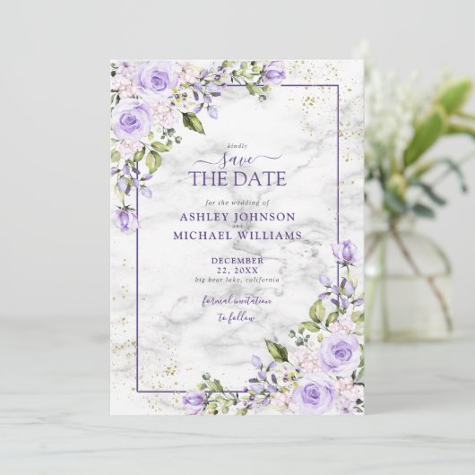 Lilac Lavender Gold Geometric Foto Save the Date (Stehend Vorderseite)