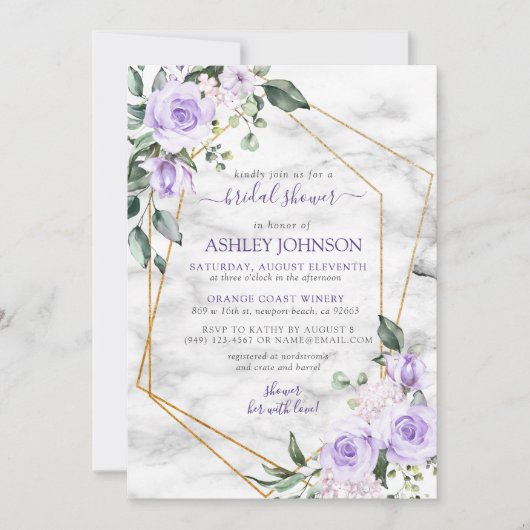 Lilac Lavender Gold Marble Floral Brautparty Einladung (Vorderseite)
