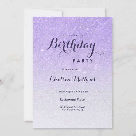 Lilac lavender Imitats Glitzer ombre Birthday Part Einladung (Vorderseite)