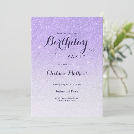 Lilac lavender Imitats Glitzer ombre Birthday Part Einladung (Stehend Vorderseite)