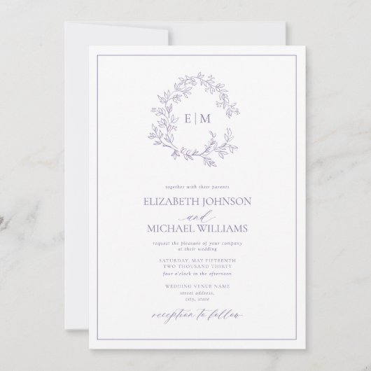 Lilac Lavender Leafy Wappen Monogram Foto Wedding Einladung (Vorderseite)