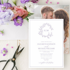 Lilac Lavender Leafy Wappen Monogram Foto Wedding Einladung