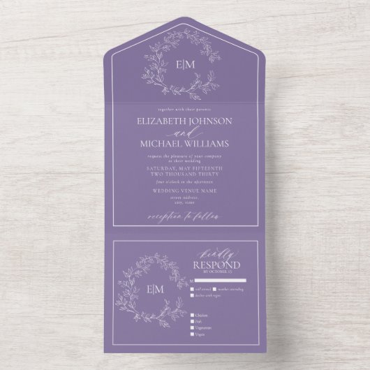 Lilac Lavender Leafy Wappen Monogram Wedding All In One Einladung (Innen Boden)