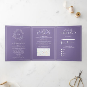 Lilac Lavender Leafy Wappen Monogram Wedding Dreifach Gefaltete Einladung