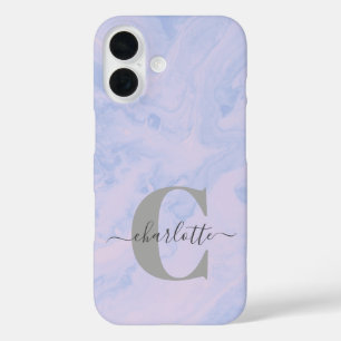 Lilac Lavender Marble Elegant Monogram Name iPhone 16 Hülle