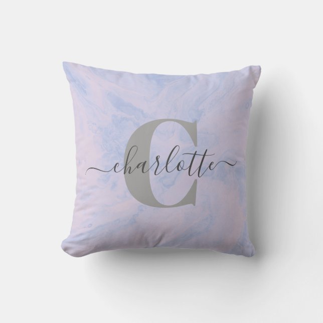 Lilac Lavender Marble Elegant Monogram Name Kissen (Vorderseite)
