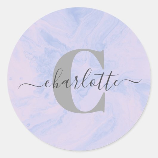 Lilac Lavender Marble Elegant Monogram Name Runder Aufkleber (Vorderseite)