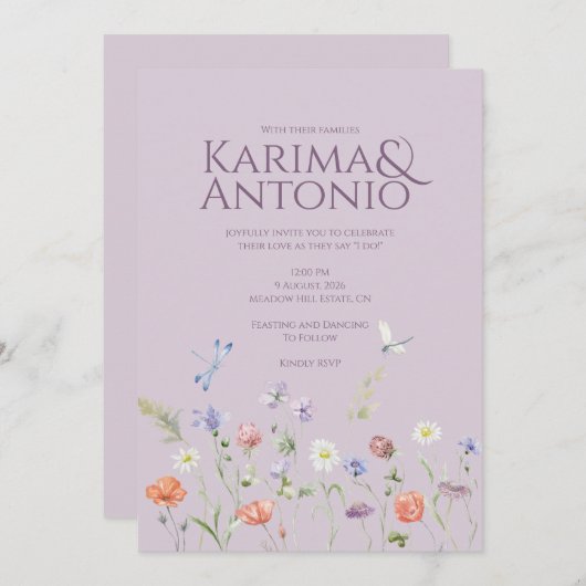 Lilac Lavender Whimsy Wildblume Einladung (Vorne/Hinten)
