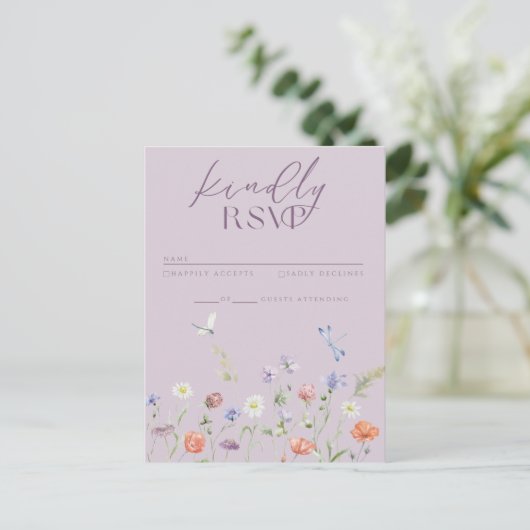 Lilac Lavender Whimsy Wildblume RSVP Card Einladungspostkarte (Stehend Vorderseite)