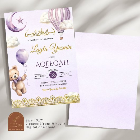 Lilac Lila Aqeeqah Muslim Birthday Girl Einladung