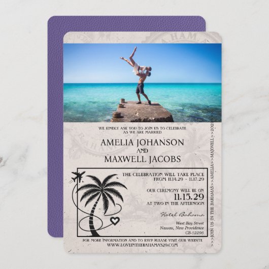 Lilac Lila Bahamas Passport Wedding Einladung (Vorne/Hinten)