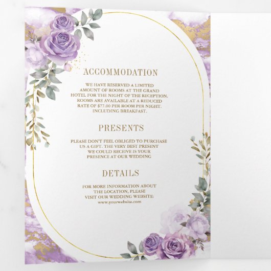 Lilac Lila Blütengoldmarmor auf einer Hochzeit Dreifach Gefaltete Einladung (Innen Erste Seite)
