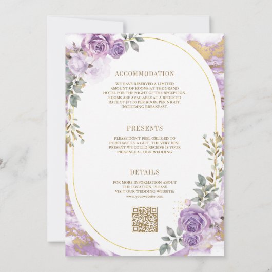 Lilac Lila Blütengoldmarmor auf einer Hochzeit Einladung (Rückseite)