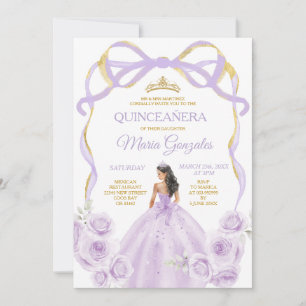 Lilac Lila Bow Princess Gold Crown Quinceañera Einladung
