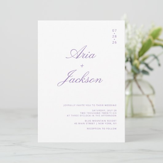 Lilac Lila Calligraphy Modern QR Code Wedding Einladung (Stehend Vorderseite)