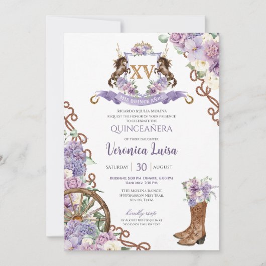 Lilac Lila Classy Western Charro Quinceanera Einladung (Vorderseite)