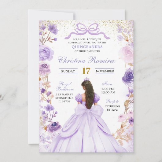 Lilac Lila Coquette Bow Princess Quinceanera Einladung (Vorderseite)