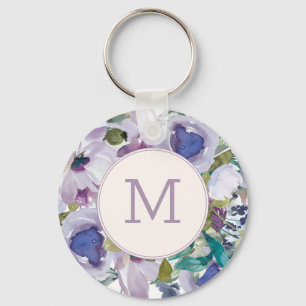 Lilac Lila Dusty Blue Watercolor Floral Mongram Schlüsselanhänger