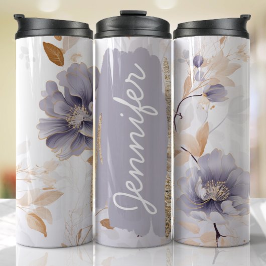 Lilac Lila Floral Add Name Custom Gift Thermosbecher