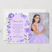 Lilac Lila Floral Butterfliegen Foto Quinceañera Dankeskarte (Vorderseite)