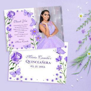 Lilac Lila Floral Butterfliegen Foto Quinceañera Dankeskarte