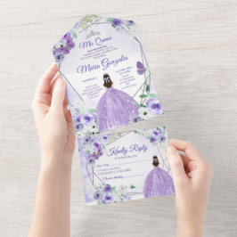 Lilac Lila Floral Princess Quinceañera All In One Einladung