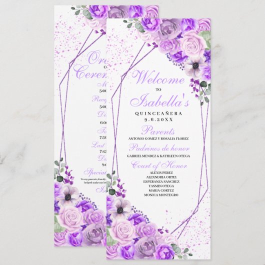 Lilac Lila Floral Quinceanera Programm (Vorne/Hinten)