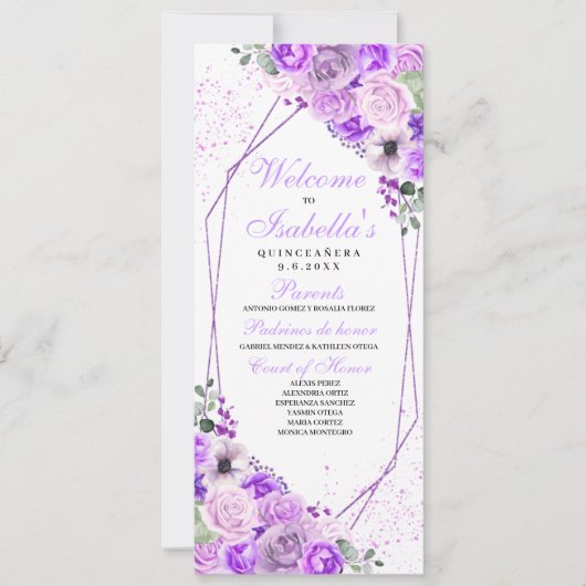 Lilac Lila Floral Quinceanera Programm (Vorderseite)