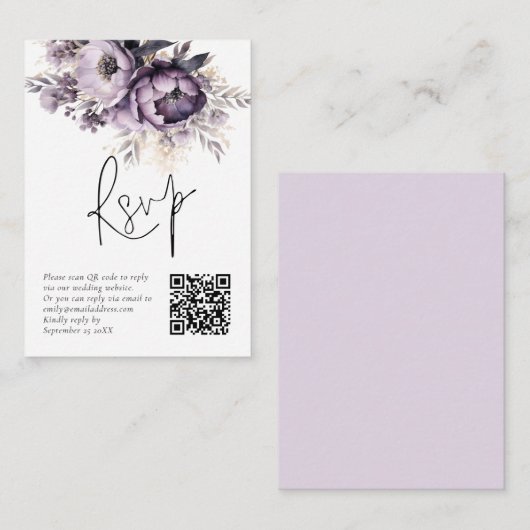 Lilac Lila Florals QR Code Wedding RSVP Card Begleitkarte (Vorne/Hinten)