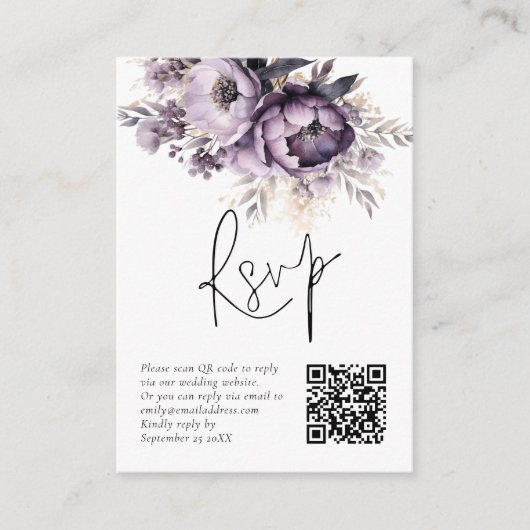 Lilac Lila Florals QR Code Wedding RSVP Card Begleitkarte (Vorderseite)