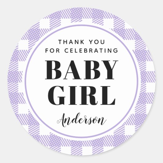 Lilac Lila Gingham Kariert Danke, Baby Girl Runder Aufkleber (Vorderseite)