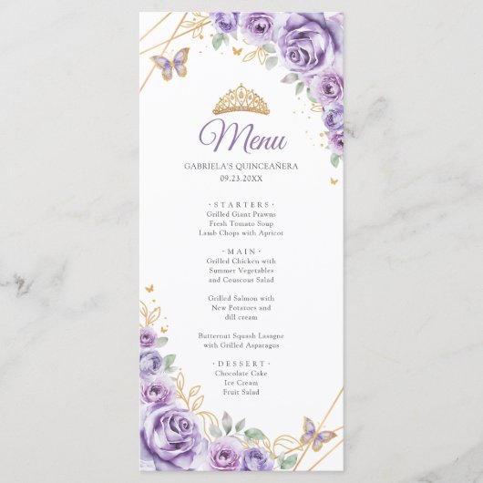 Lilac Lila Gold Floral Quinceanera Programmmenü Menükarte (Vorderseite)