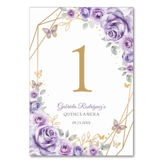 Lilac Lila Gold Floral Quinceanera Tischnummer (Vorderseite)