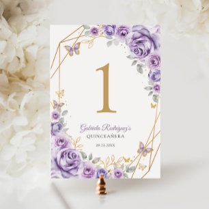 Lilac Lila Gold Floral Quinceanera Tischnummer