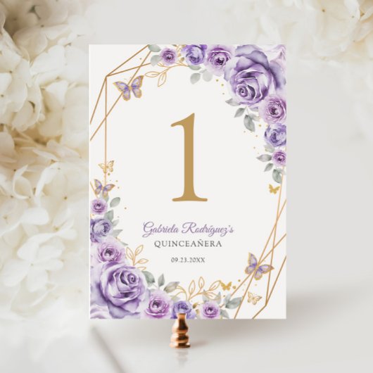 Lilac Lila Gold Floral Quinceanera Tischnummer