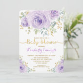 Lilac Lila Gold Floral Rose Girl Baby Dusche Einladung (Stehend Vorderseite)